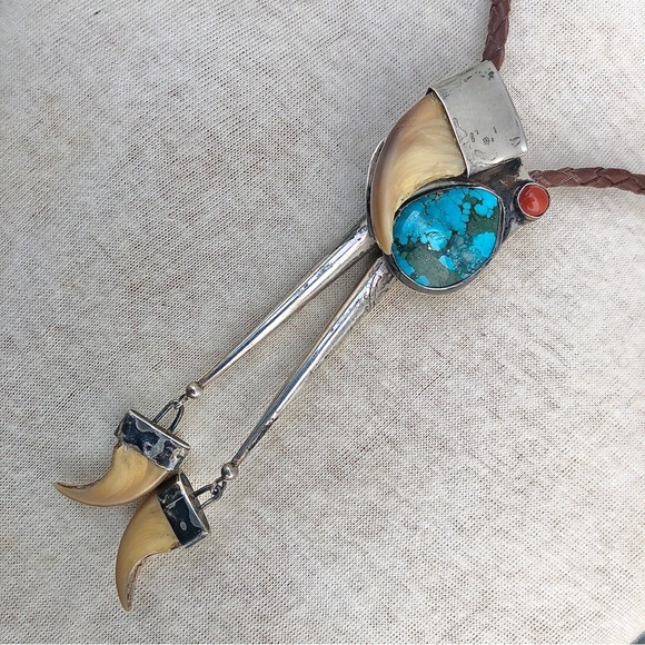 Vintage Native American Sterling Bennett Turquoise Carnelian Talon Claw Bolo - Picture 7 of 14